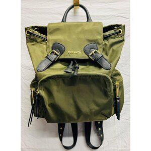 Steve Madden Olive Green Black Nylon Backpack Adjustable Straps Pockets Zip Snap